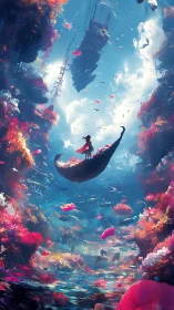 Figure on curved vessel amid floating reefs and sky void.