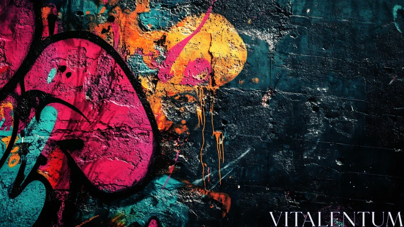 Multicolored abstract graffiti on dark textured wall surface.
