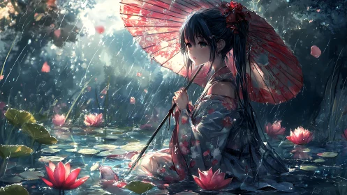 Kimono girl holds red umbrella in luminous rain pond