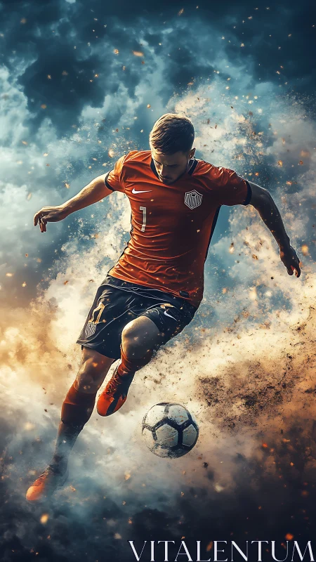 Dynamic soccer player striking ball in fiery cloudy scene.