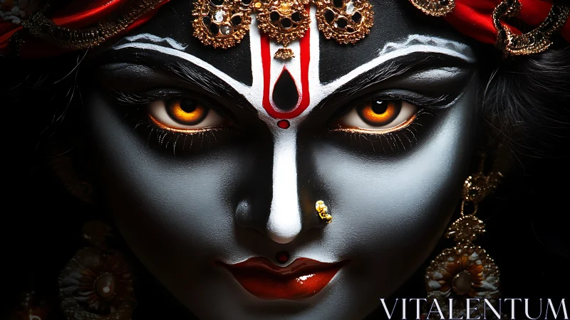 Divine ember eyes burn through midnight metal skin and gold