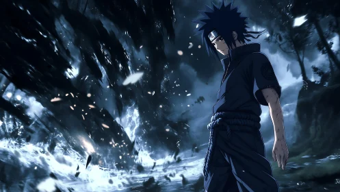 Brooding anime warrior amid stormlit, shattered landscape.