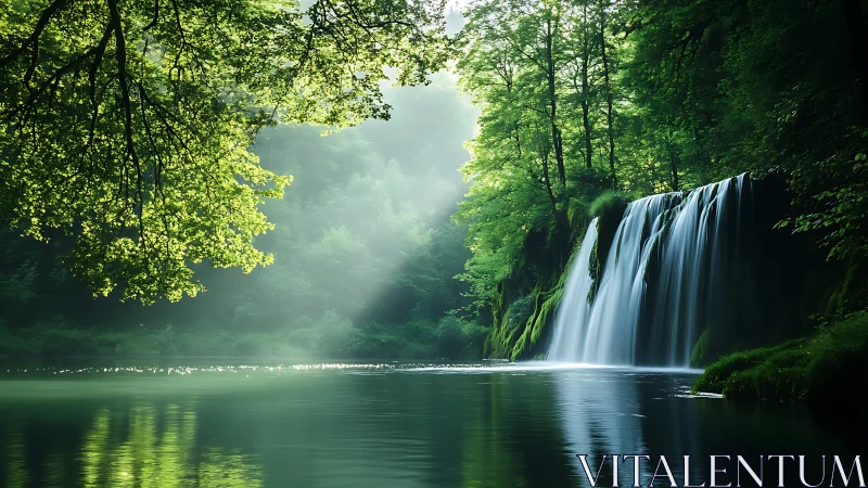 Diffuse backlit forest waterfall captures soft volumetric lighting