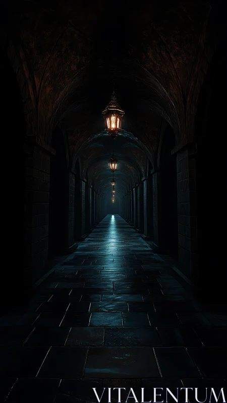 Lanterns whisper along an endless midnight stone arcade.