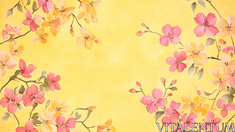 Floral Composition with Pink and Orange Blossoms on Yellow Ground