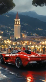 Red supercar glides through luminous Italian evening piazza.