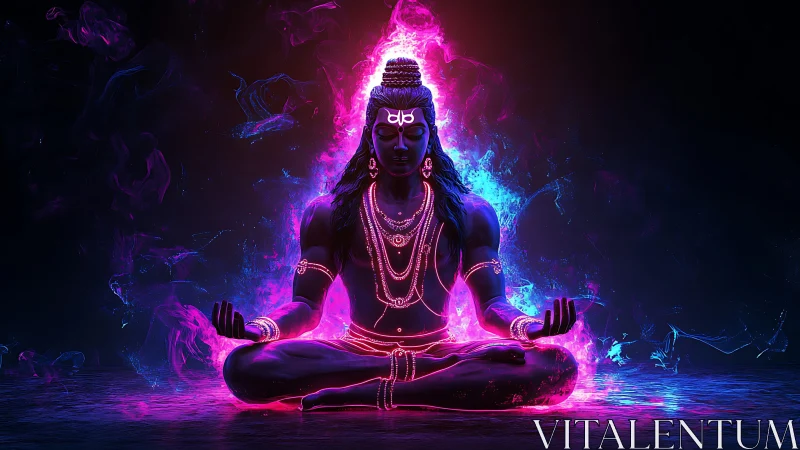 Neon-lit meditative deity in vibrant pink and blue glow.