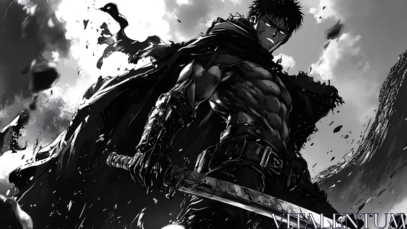 Monochrome warrior with greatsword under fractured storm sky