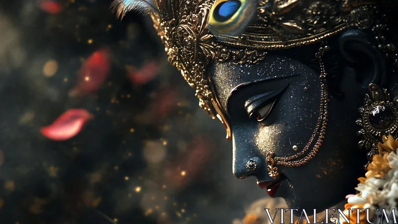 Divine deity portrait glows in shimmering golden bokeh light