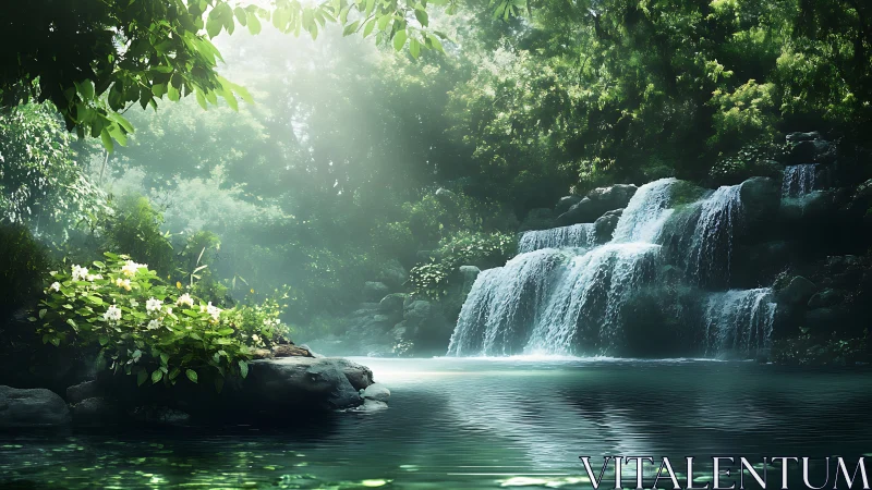 Sunlit jungle waterfall hums softly over glassy emerald pool