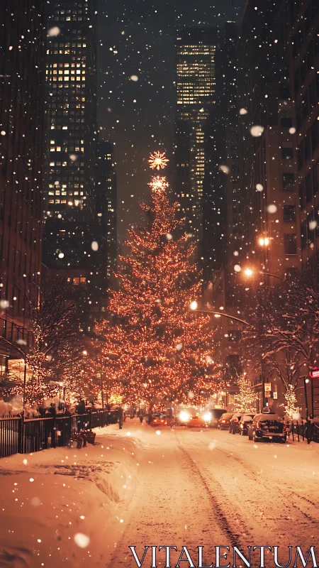 Snowy city street with illuminated Christmas tree centerpiece.