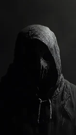 Hooded faceless figure in dark low key studio portrait.
