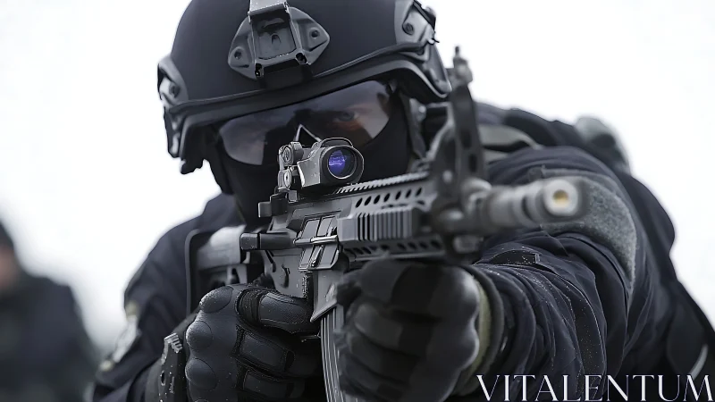 Focused tactical officer aims forward with steady precision