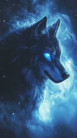 Glowing blue wolf head rendered in high contrast profile view