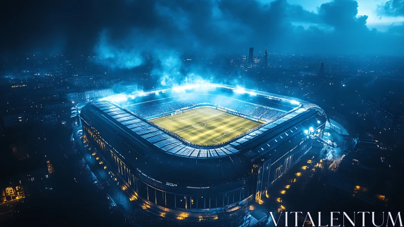 Floodlit football stadium dominates dense night cityscape