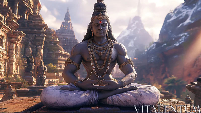 Mountain-eyed Shiva statue dreams above sunlit temple gorge.