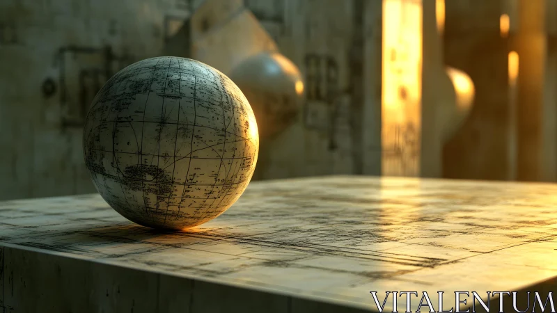 Cartesian globe sphere on planar map in golden volumetric light