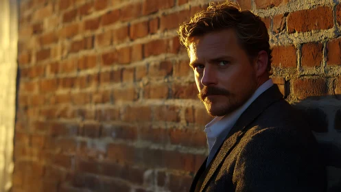 Brooding gaze in sunset shadow against weathered brick wall.