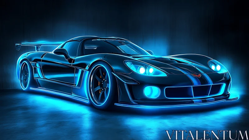 Electric blue neon supercar rendering with luminous trim.