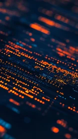 Glowing orange binary code streams on deep navy data grid