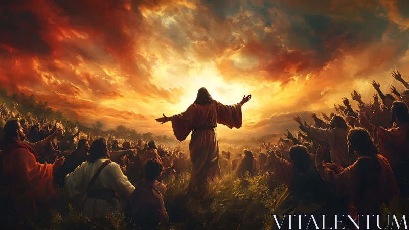 Sunlit preacher welcoming a sea of uplifted believers.