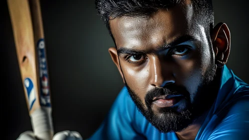 Intense low key portrait of focused male cricket batsman