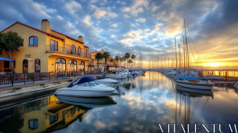 Photorealistic marina at sunrise with reflective symmetry.