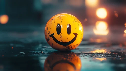 Weathered yellow smiley ball glows on wet street.