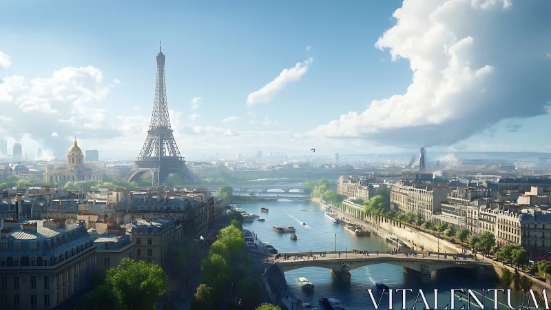 Eiffel Tower and Seine River in clear daytime Paris panorama.