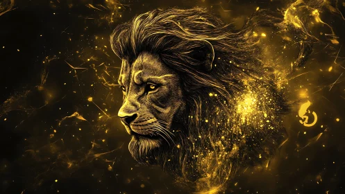 Golden lion profile radiates power through cosmic dust
