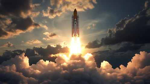 Space shuttle rocket ascends vertically through dense cloud cover