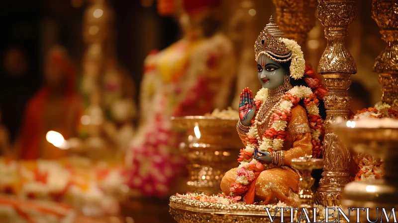 Lotus-blue deity gleams amid marigold garlands and gold altars.