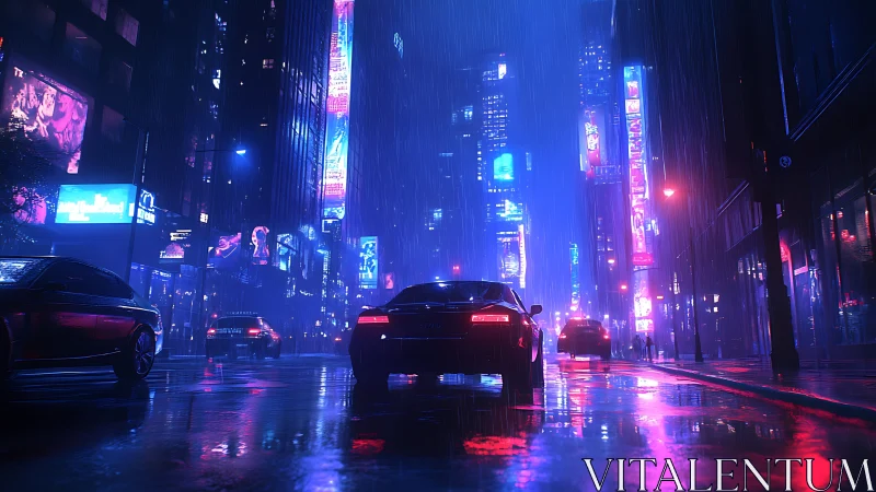 Nighttime city street with cars and neon billboards in rain.
