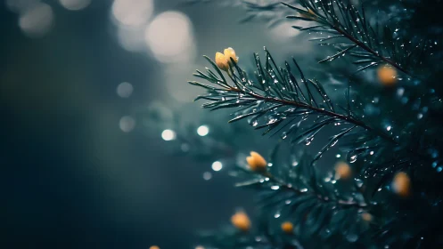 Rain-kissed evergreen sprig cradling tiny golden buds in mist.