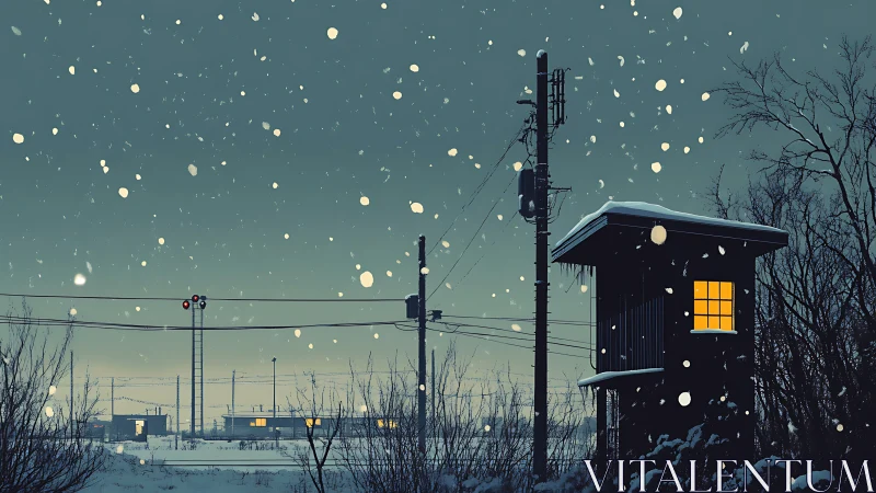 Snowfall over illuminated railway signal cabin at twilight.