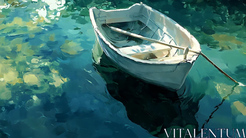 Rowboat rendered in loose impasto strokes on reflective teal water