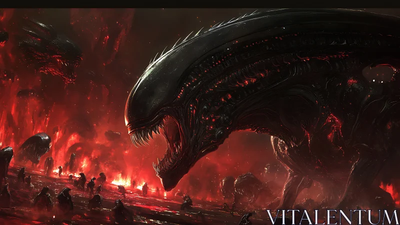 Gigantic alien creature dominates burning red battlefield