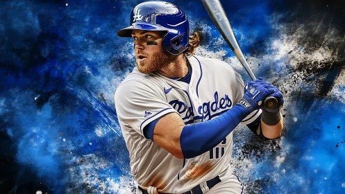 Baseball batter in Dodgers uniform with abstract backdrop.