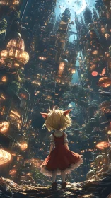 Girl in red dress stands before towering lunar cityscape