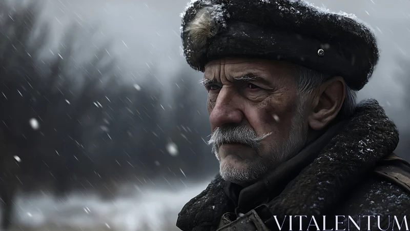 Elderly man in fur military coat under wind‑driven snowfall