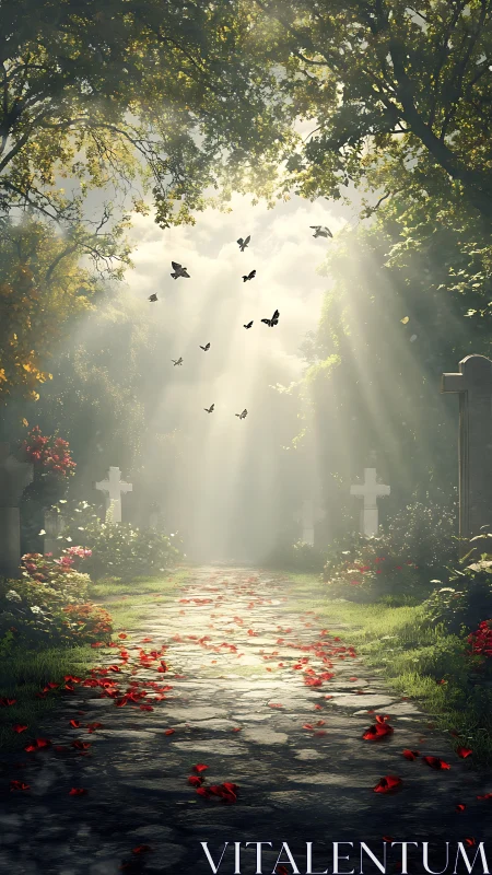 Stone path through cemetery under sunlit forest canopy.