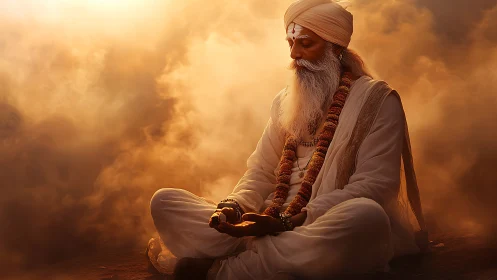 Elderly turbaned man meditating calmly amid warm mist.
