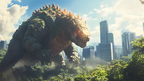 Colossal mossy kaiju looms above a modern city skyline.