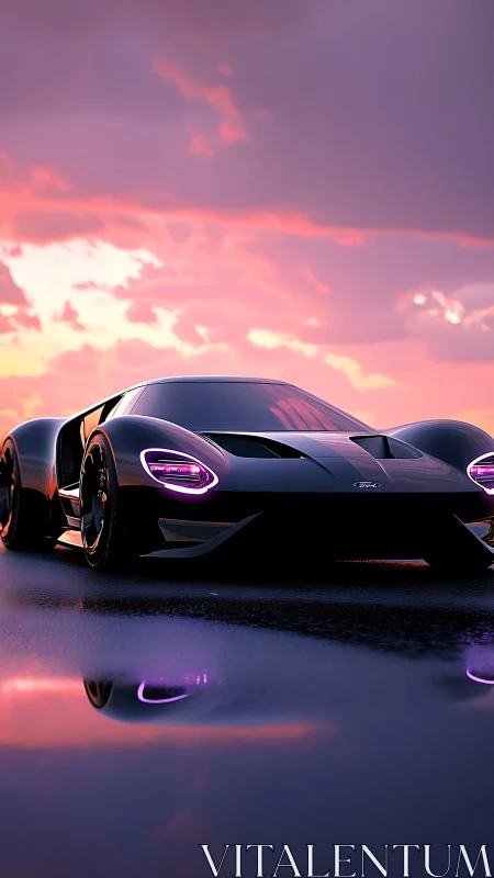 Low-angle view of black sports car on wet surface at dusk.