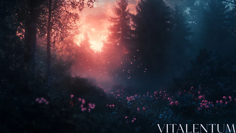 Mystical Forest Sunrise Breaking Through Ancient Trees