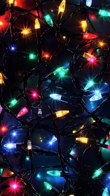 Cozy tangle of glowing holiday string lights at night.