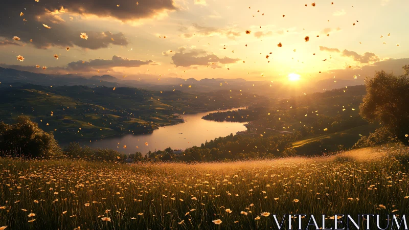 Wildflowers drift like golden comets over a sunset lake