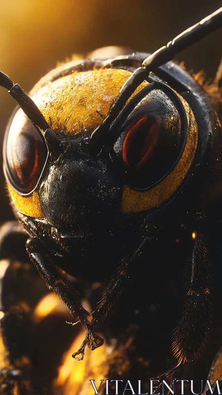 Macro hornet portrait with cinematic golden backlight.