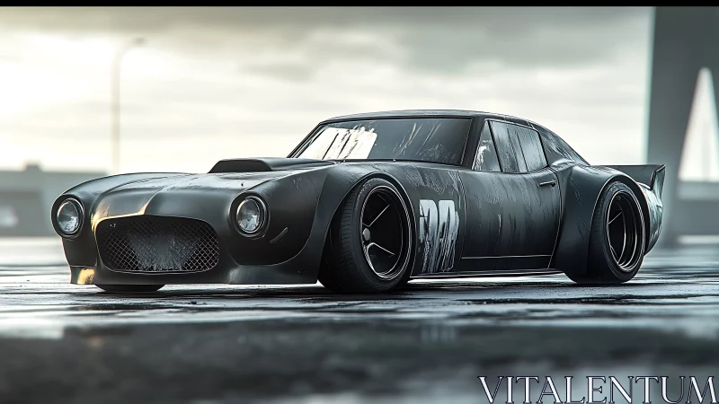 Widebody race car sits on wet pavement under overcast sky
