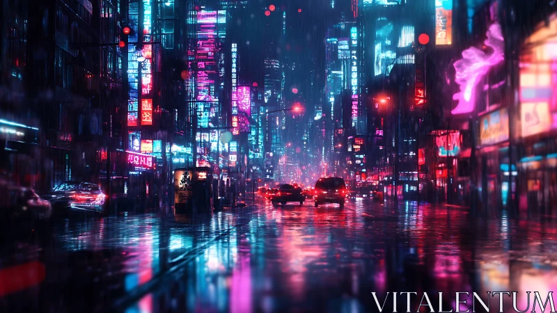 Neon rainstorm over midnight megacity streets in motion.